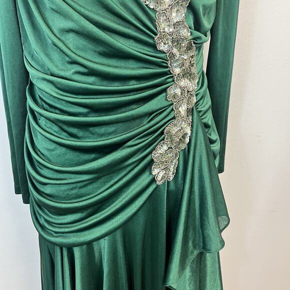 Vintage 80s Dynasty David Rose Dress sz 16 Green Jewels Sequins Cocktail Wedding - Picture 7 of 16